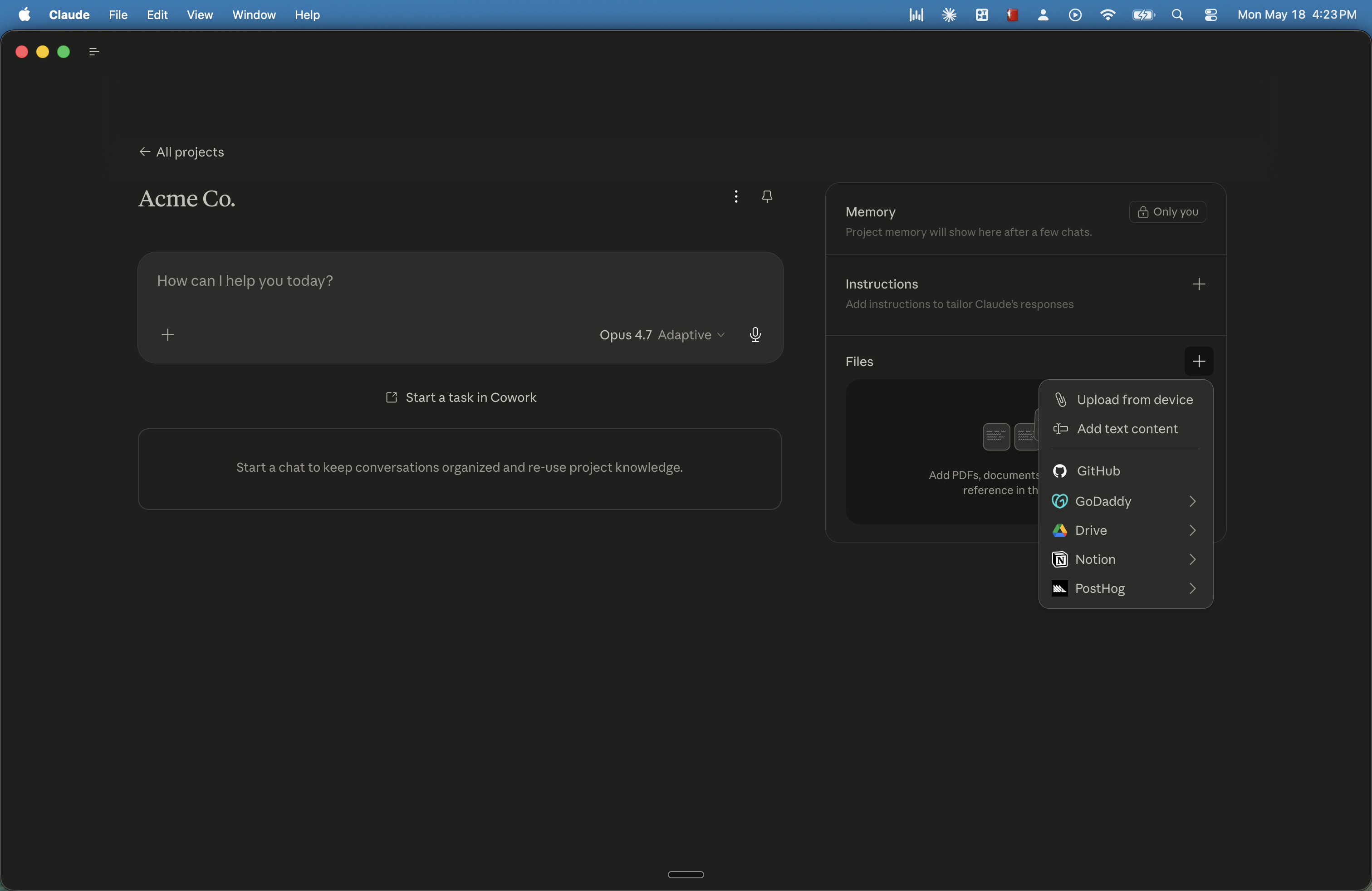 The Files menu inside a Claude Project showing GitHub among the connector options.