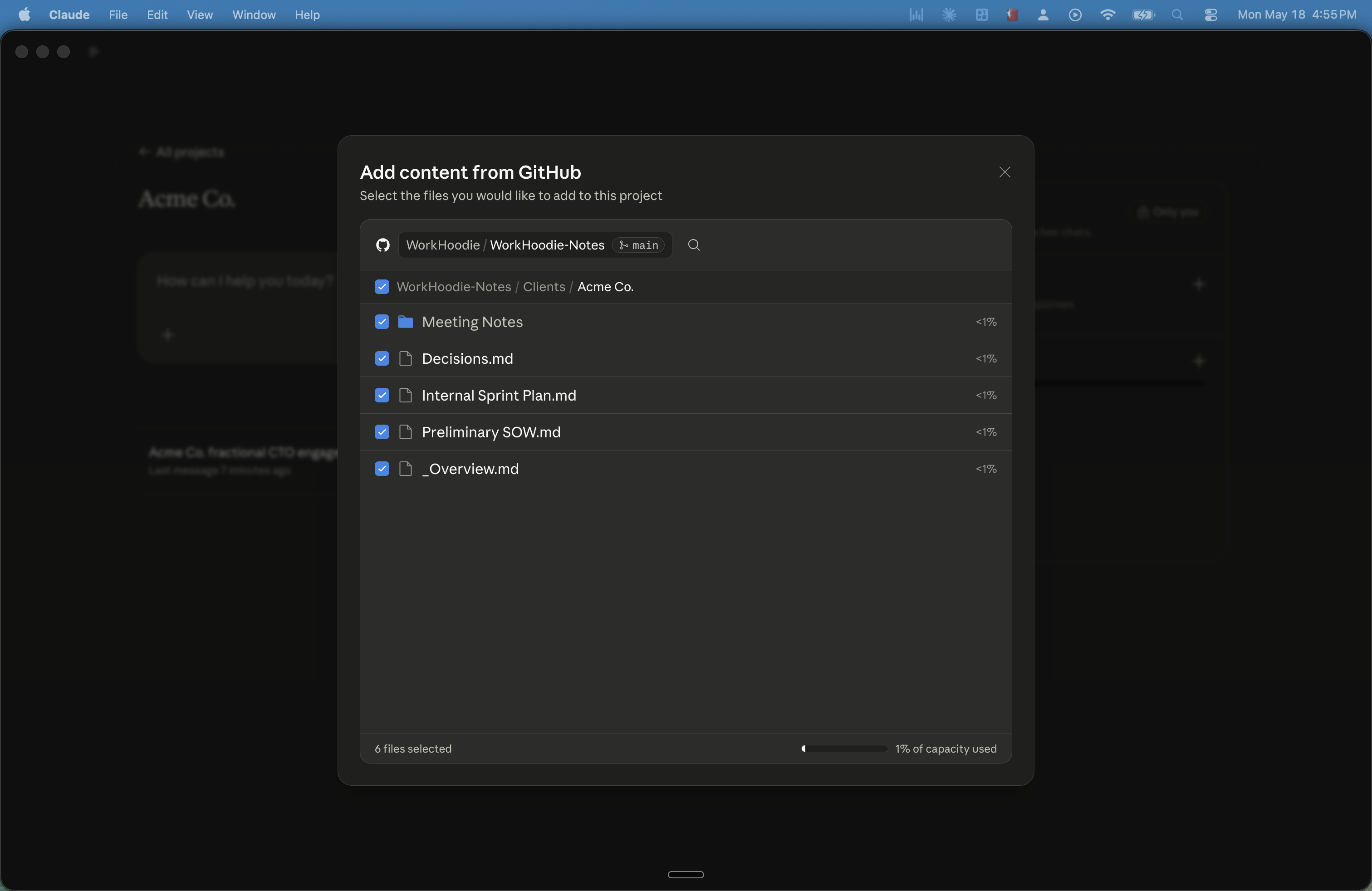 The Add content from GitHub picker drilled into WorkHoodie-Notes/Clients/Acme Co., showing _Overview.md, Preliminary SOW.md, Decisions.md, Internal Sprint Plan.md, and the Meeting Notes folder.
