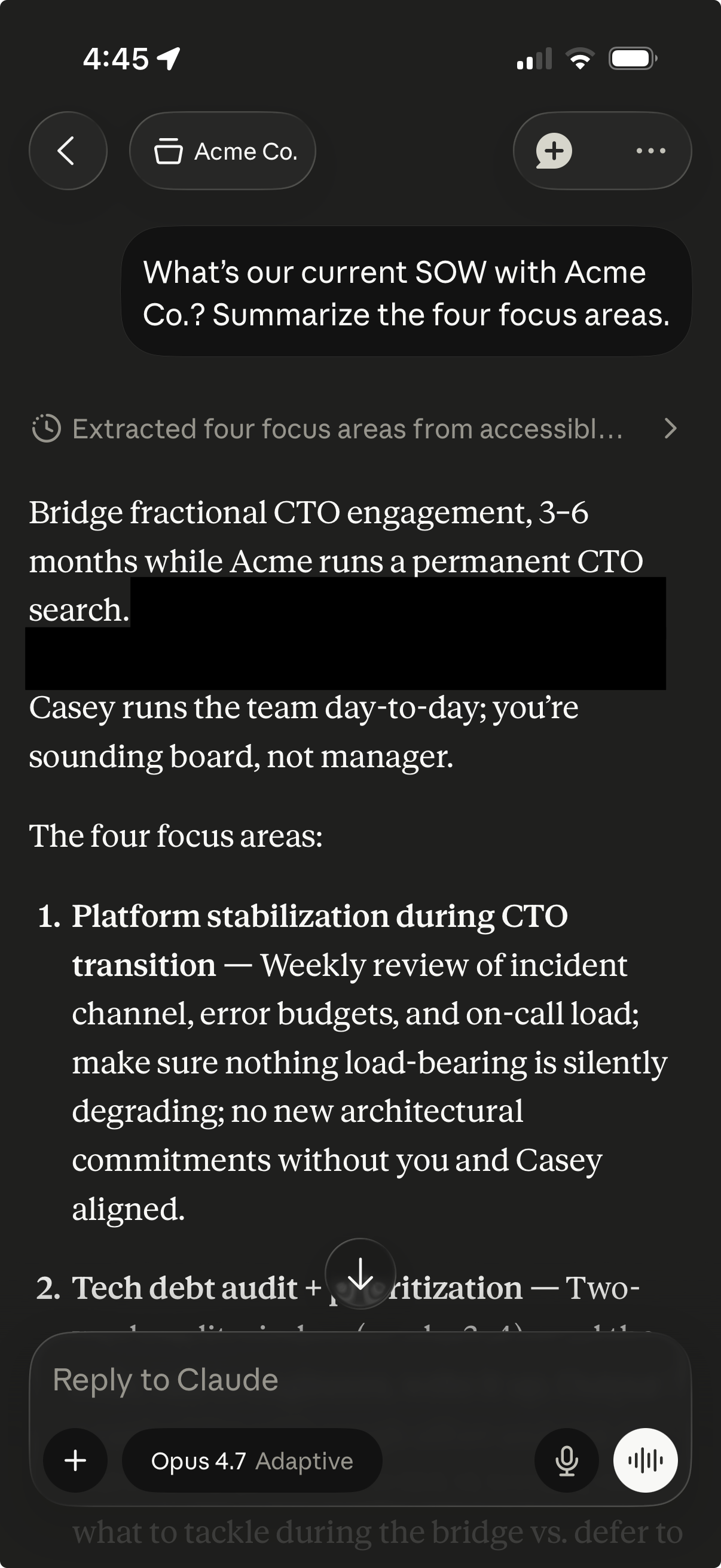 The Acme Co. Claude Project on iPhone answering 'What's our current SOW with Acme Co.? Summarize the four focus areas.' with grounded content from the notes repo.